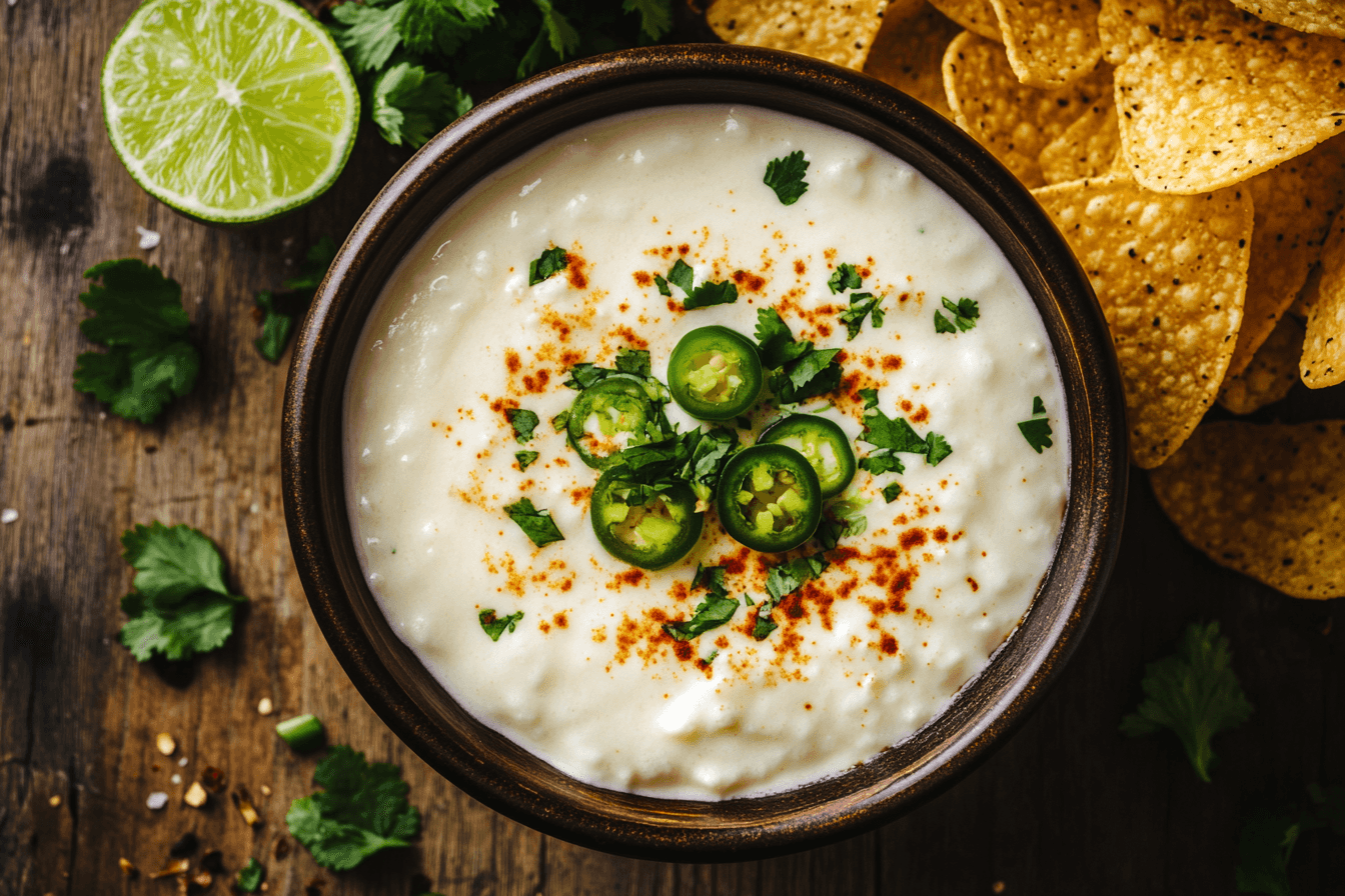 Creamy Chipotle queso blanco in a bowl surrounded by crispy tortilla chips and garnished with jalapeños and cilantro.