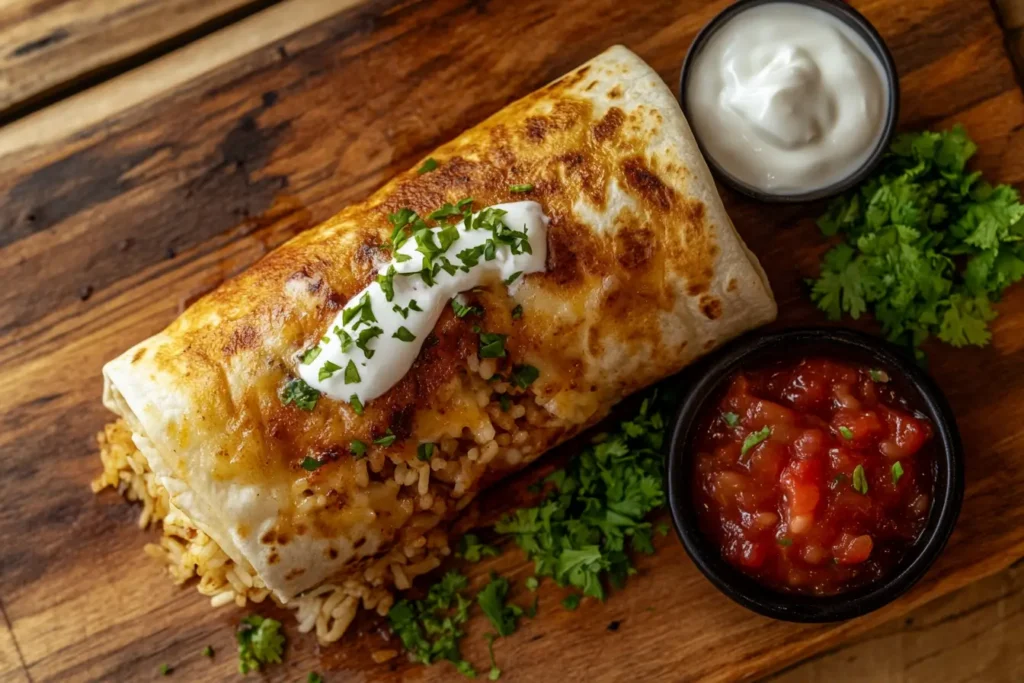 Golden, crispy frozen burrito cut in half showing rice, beans, cheese, and chicken, served with salsa and sour cream.