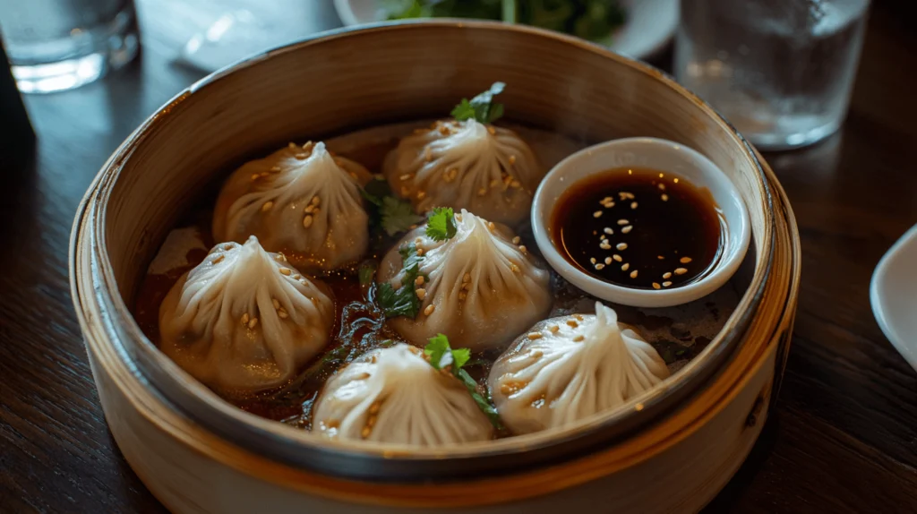 Steaming bamboo steamer with vegan soup dumplings and dipping sauce, garnished with cilantro and sesame seeds.