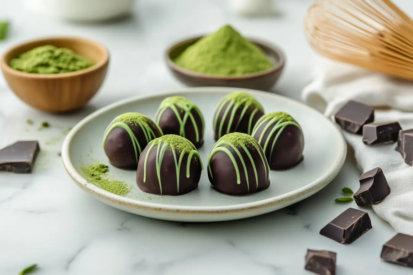 Close-up of matcha chocolate truffles coated in matcha powder, served on a ceramic plate with a bamboo whisk nearby.