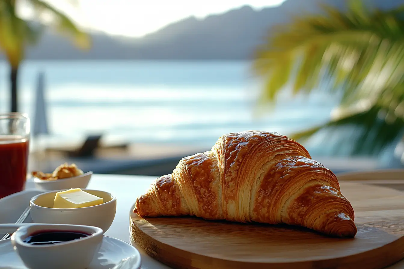 Golden flaky croissant on a wooden board with butter, jam, and coffee, captured in natural light.