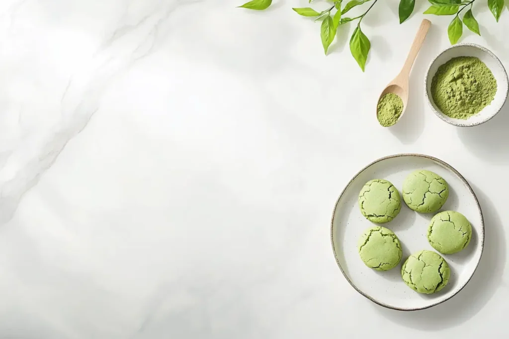 STYLE: Styled serving shot, overhead view | EMOTION: Warm and inviting | SCENE: A plate of baked matcha cookies served alongside a small cup of matcha latte, placed on a light wooden table. A linen napkin and a few scattered white chocolate chips complete the cozy scene | TAGS: High-end food photography, cozy, inviting, matcha, cookies, latte, green tea desserts | CAMERA: Nikon Z7 II | FOCAL LENGTH: Soft natural light highlighting textures and colors | PRODUCTION: Food stylist | TIME: Morning | LOCATION TYPE: Light wooden table with a rustic background | --ar 4:3