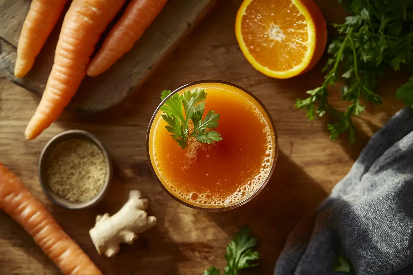 Glass of vibrant carrot juice garnished with parsley, surrounded by fresh carrots and an orange slice on a rustic table.