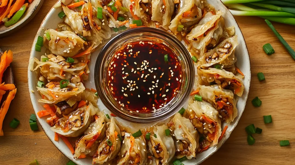 Freshly steamed vegan dumplings filled with vegetables, arranged on a plate with dipping sauce and garnishes.