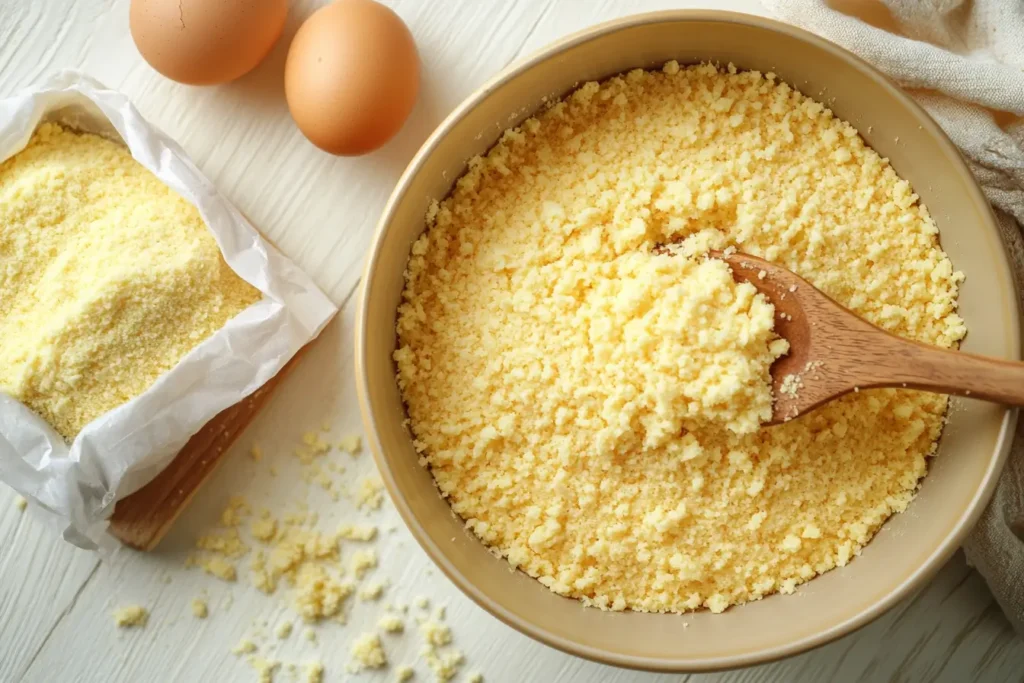 "Close-up of Southern Cornbread Recipe batter being mixed in a bowl, surrounded by cornmeal, eggs, and buttermilk on a wooden countertop."