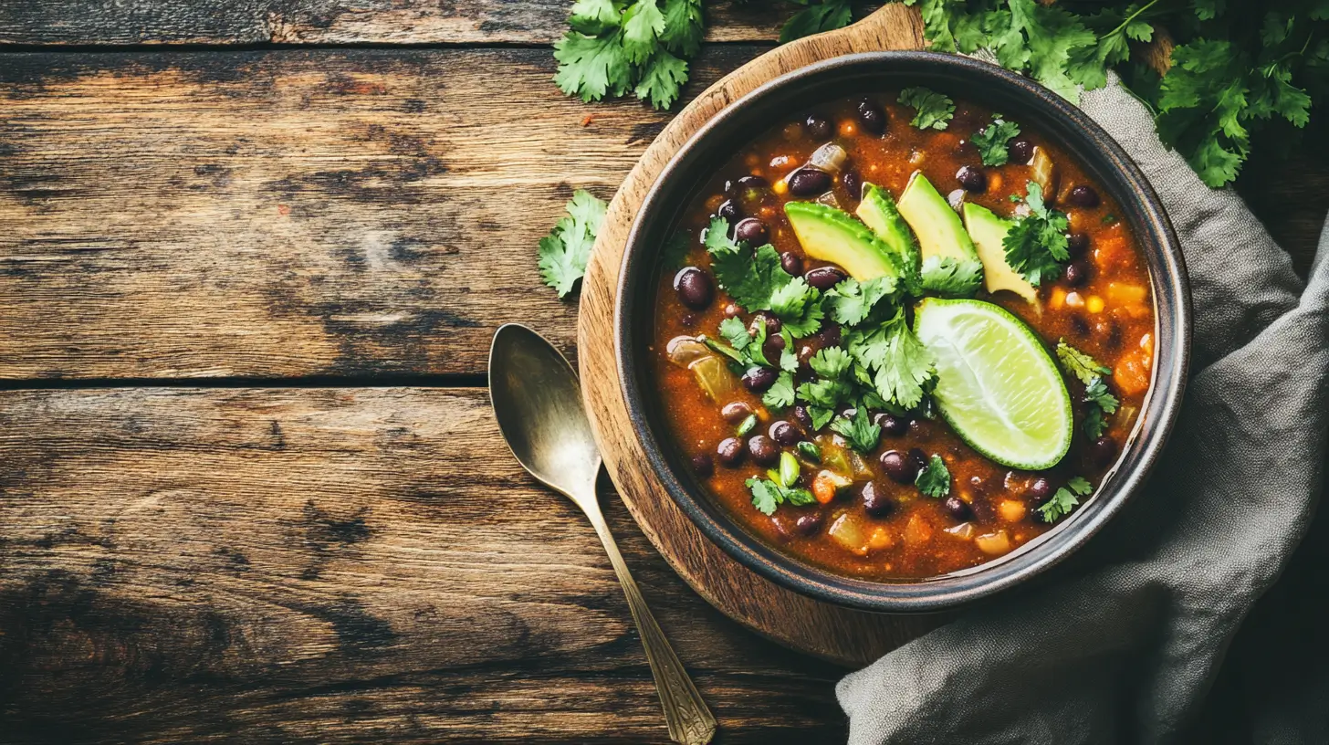 A close-up of a steaming bowl of black bean soup garnished with cilantro, avocado, and lime on a rustic table.