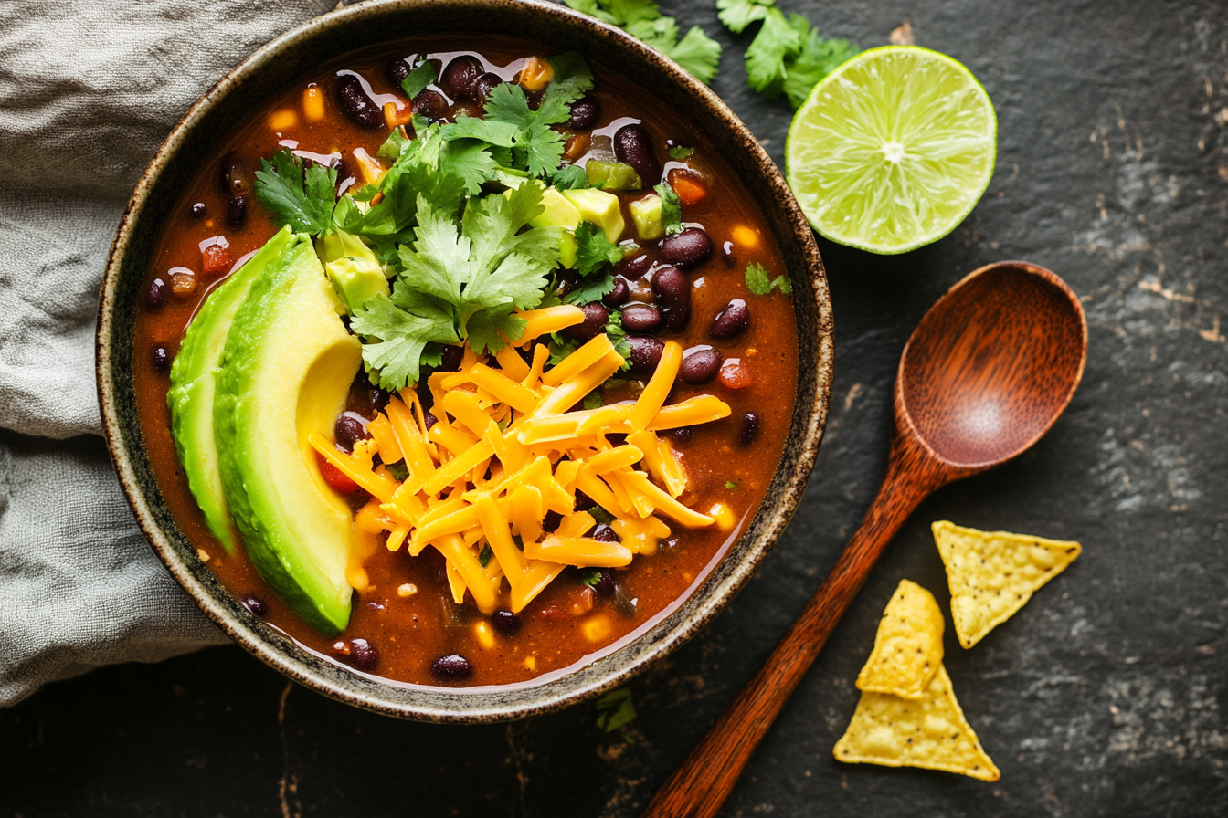 Hearty black bean soup garnished with avocado, cilantro, cheese, and lime on a rustic surface.