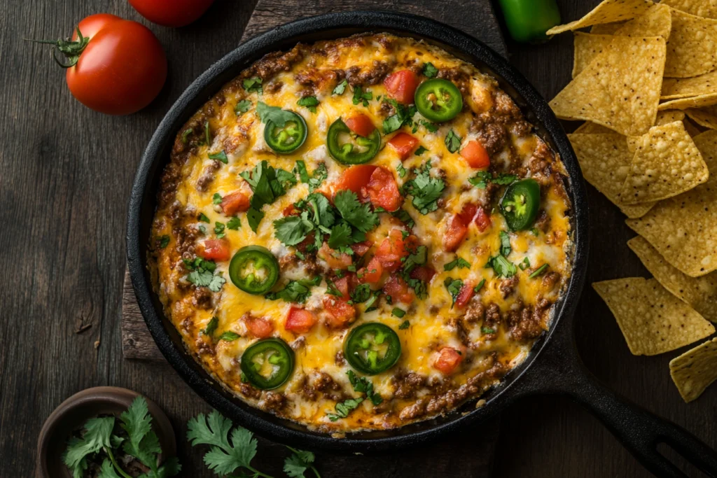 Smoked queso dip in a skillet with jalapeños, tomatoes, and tortilla chips.