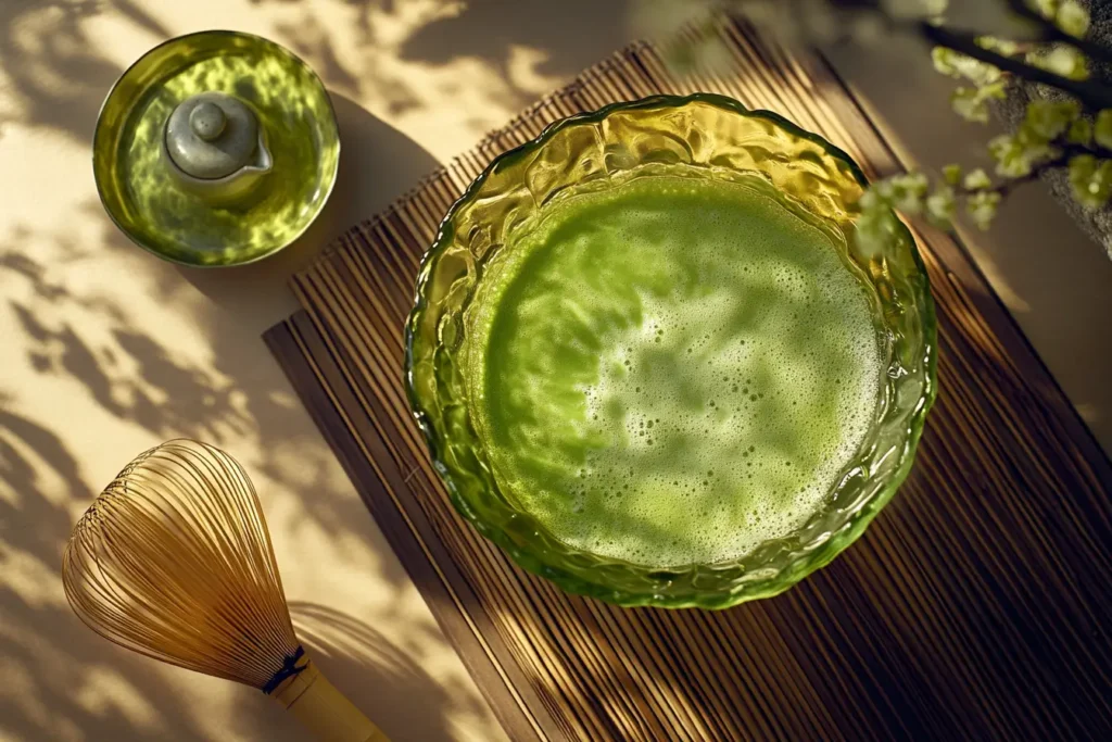 A close-up of freshly whisked vibrant green matcha tea with a bamboo whisk and sifter in a traditional setup.