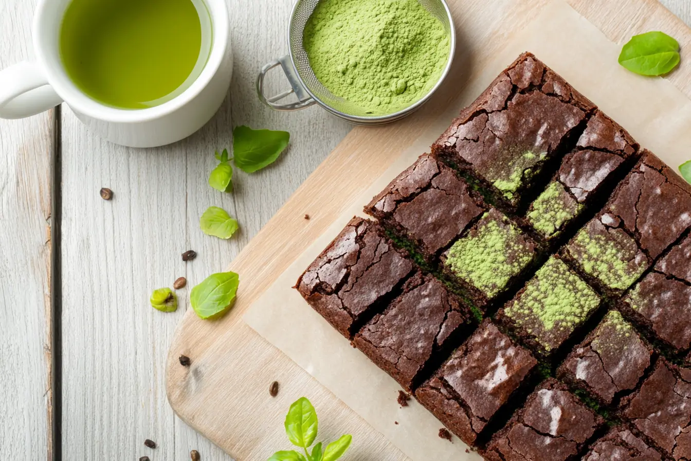 Freshly baked vibrant green matcha brownies arranged neatly on a wooden cutting board with matcha powder and tea.