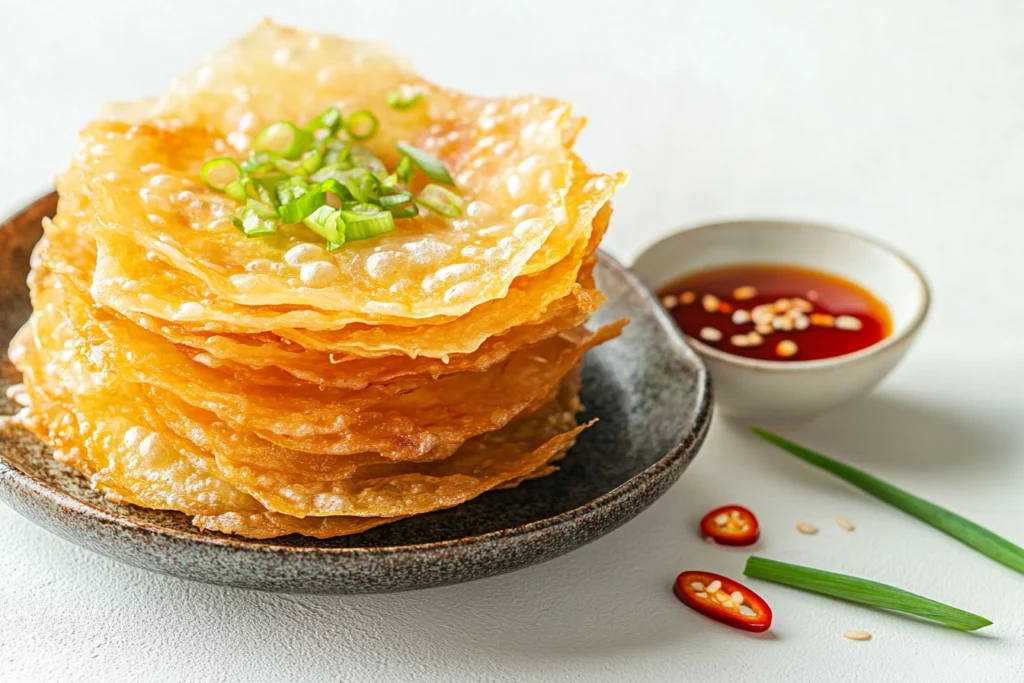 Crispy rice paper dumplings served with soy-based dipping sauce on a plate, garnished with green onions and chili slices.