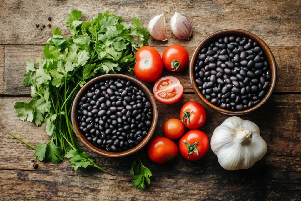 Cooked and uncooked black beans in bowls surrounded by fresh garlic, onions, and tomatoes on a wooden surface.What do black beans do for your body?