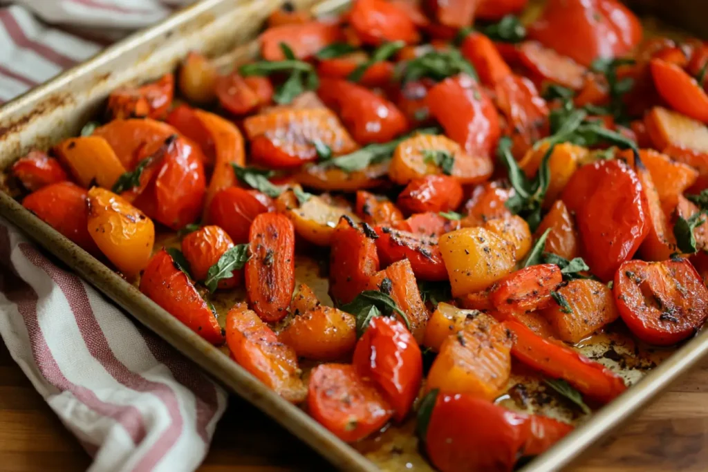 Tray of roasted carrots, tomatoes, and peppers, a technique to jazz up bland soup by adding rich flavors.