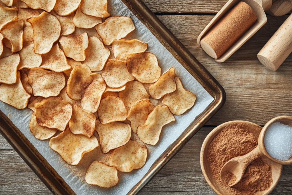 Overhead view of homemade cinnamon baking chips on a parchment-lined tray with cinnamon and sugar nearby.