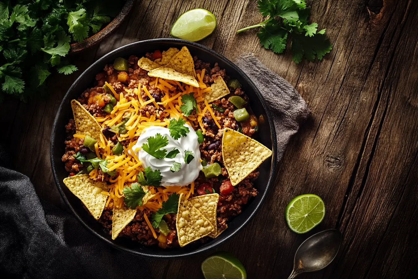 A close-up of taco soup frios topped with shredded cheese, sour cream, and tortilla chips, served on a rustic wooden table.