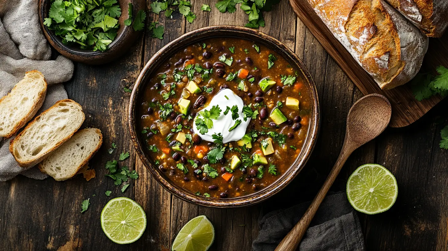 Bowl of black bean soup with garnishes like cilantro, avocado, and sour cream, surrounded by lime wedges and bread.