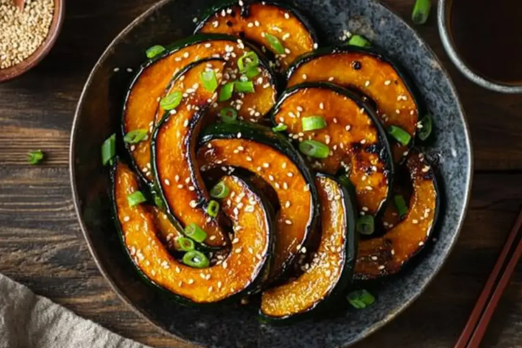 Golden roasted kabocha squash with miso soy glaze, sesame seeds, and green onions on a rustic platter.