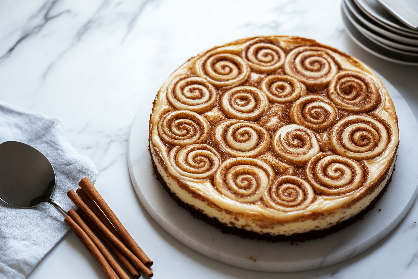 Close-up of a cinnamon roll cheesecake with visible cinnamon swirls and a creamy texture on a marble surface.