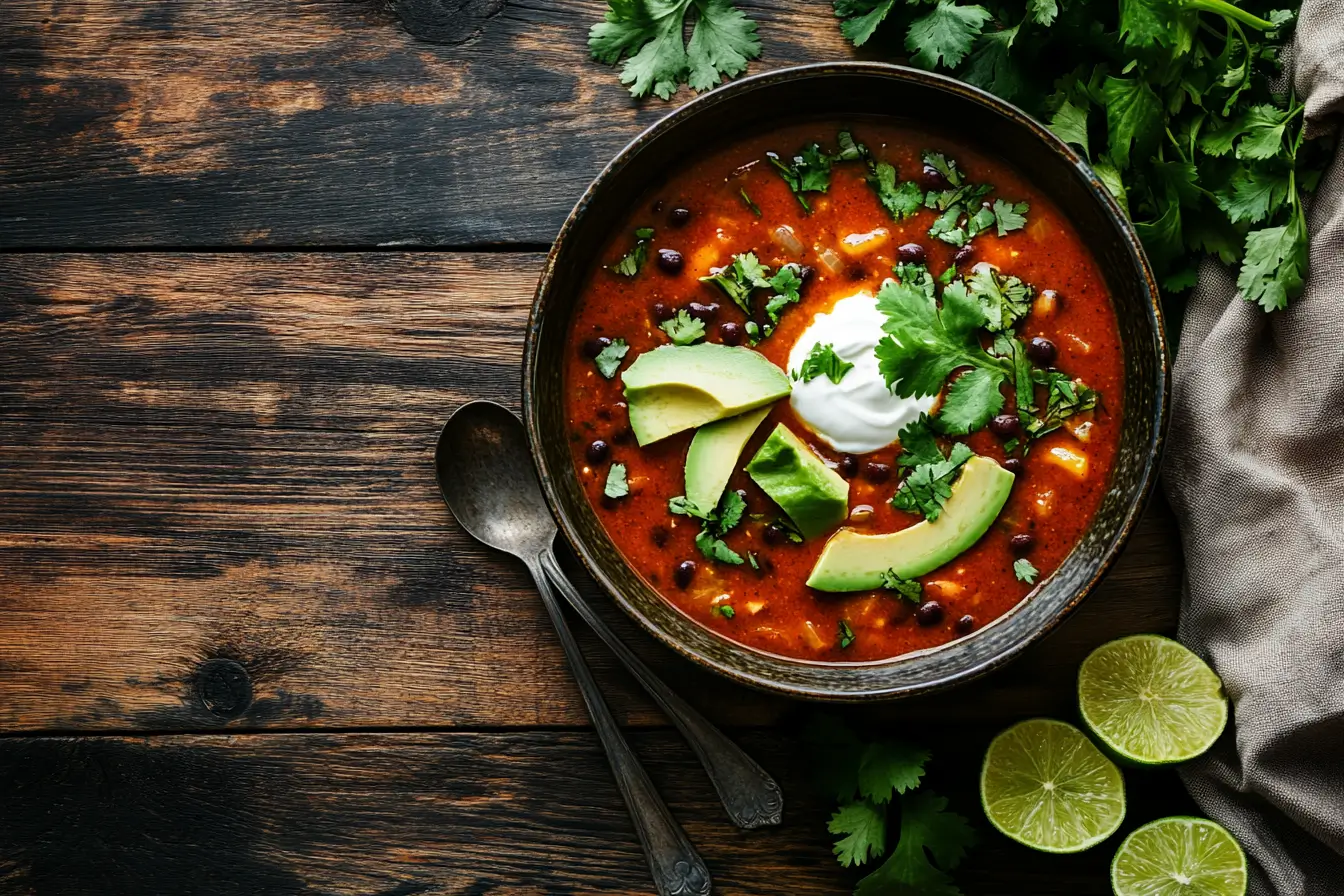 Bowl of black bean soup with avocado, cilantro, sour cream, and lime on a rustic wooden table.