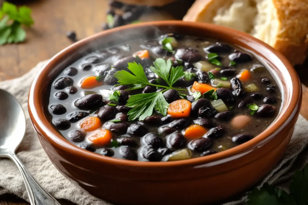 A steaming bowl of hearty bean soup garnished with parsley, surrounded by bread and a spoon on a rustic wooden table.