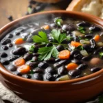 A steaming bowl of hearty bean soup garnished with parsley.