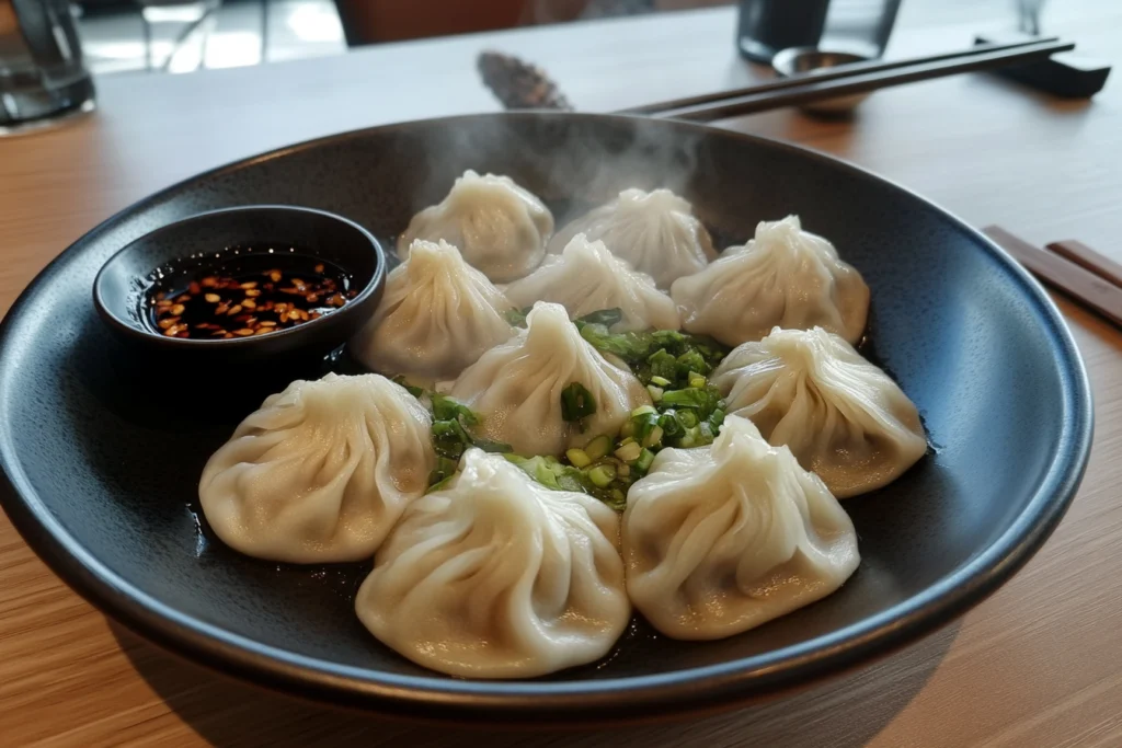 Close-up of vegetarian soup dumplings with black vinegar dipping sauce and garnishes.