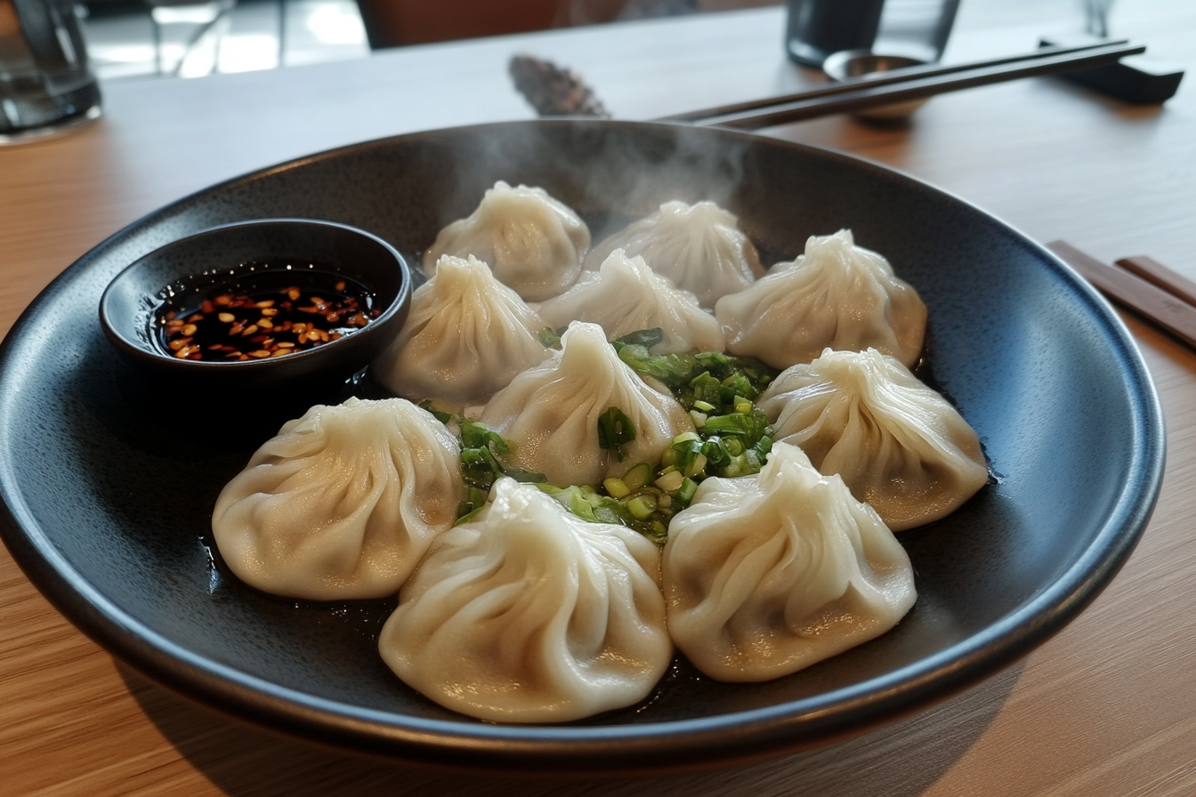 Close-up of vegetarian soup dumplings with black vinegar dipping sauce and garnishes.