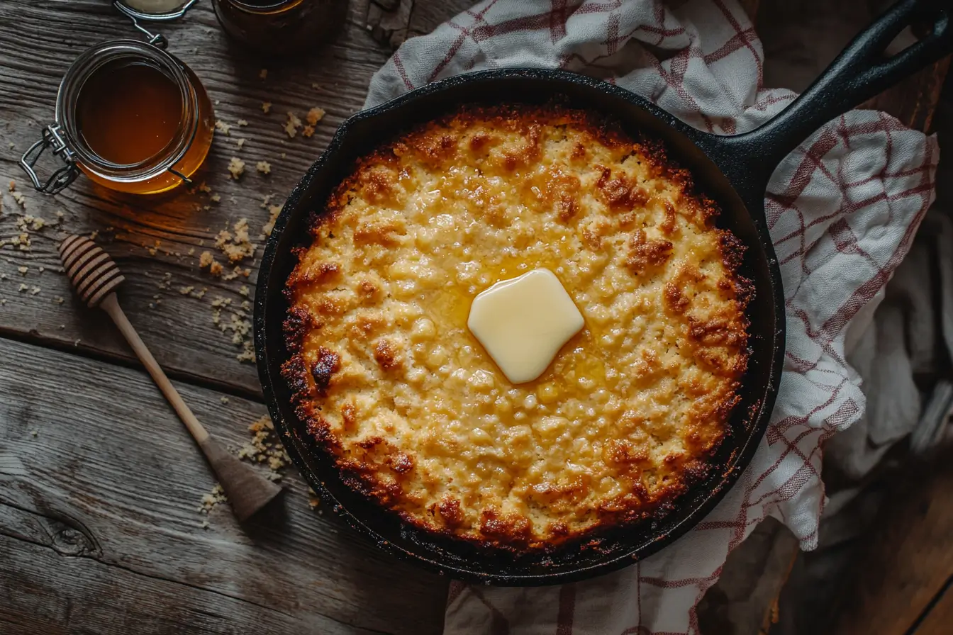 Golden Southern cornbread in a cast iron skillet with crispy crust and melting butter, styled on a rustic wooden table.