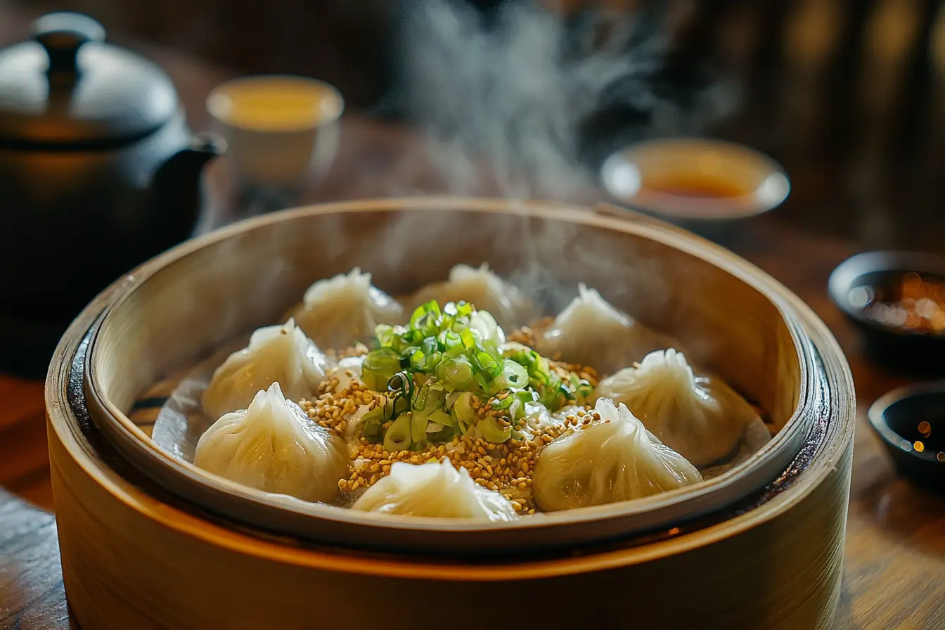 Vegan soup dumplings in a bamboo steamer with dipping sauces on the side.