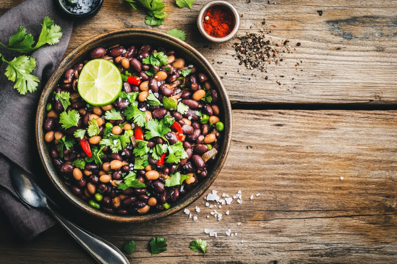 A close-up of a bowl of freshly cooked black beans garnished with cilantro and lime, perfect for weight-loss meals.