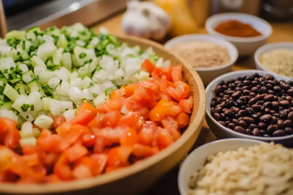 A close-up of a bowl of black bean soup with visible beans and vegetables, surrounded by fresh ingredients.