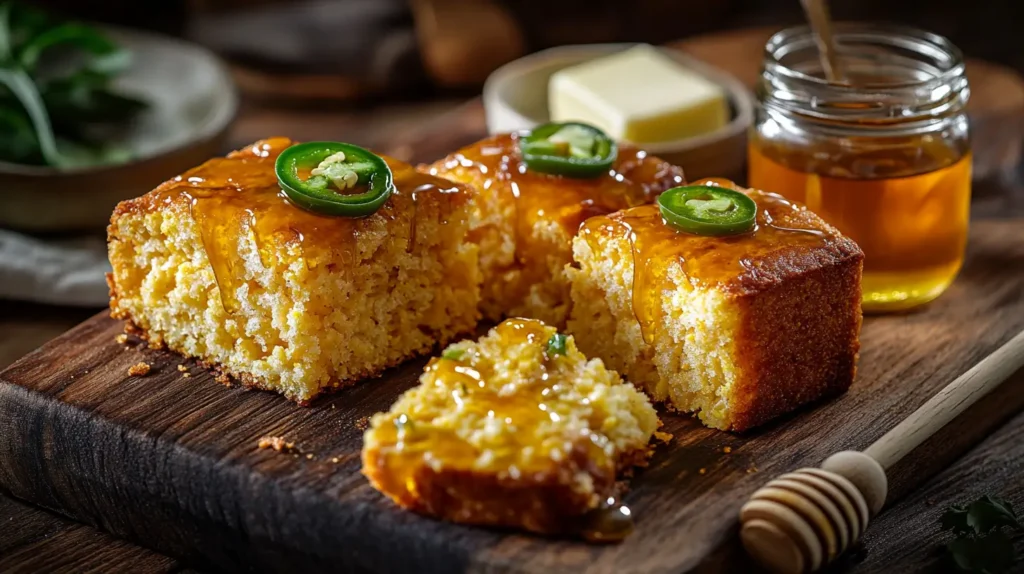 Three variations of cornbread: jalapeño, cheddar, and honey cornbread, styled on a rustic wooden board with honey and butter.