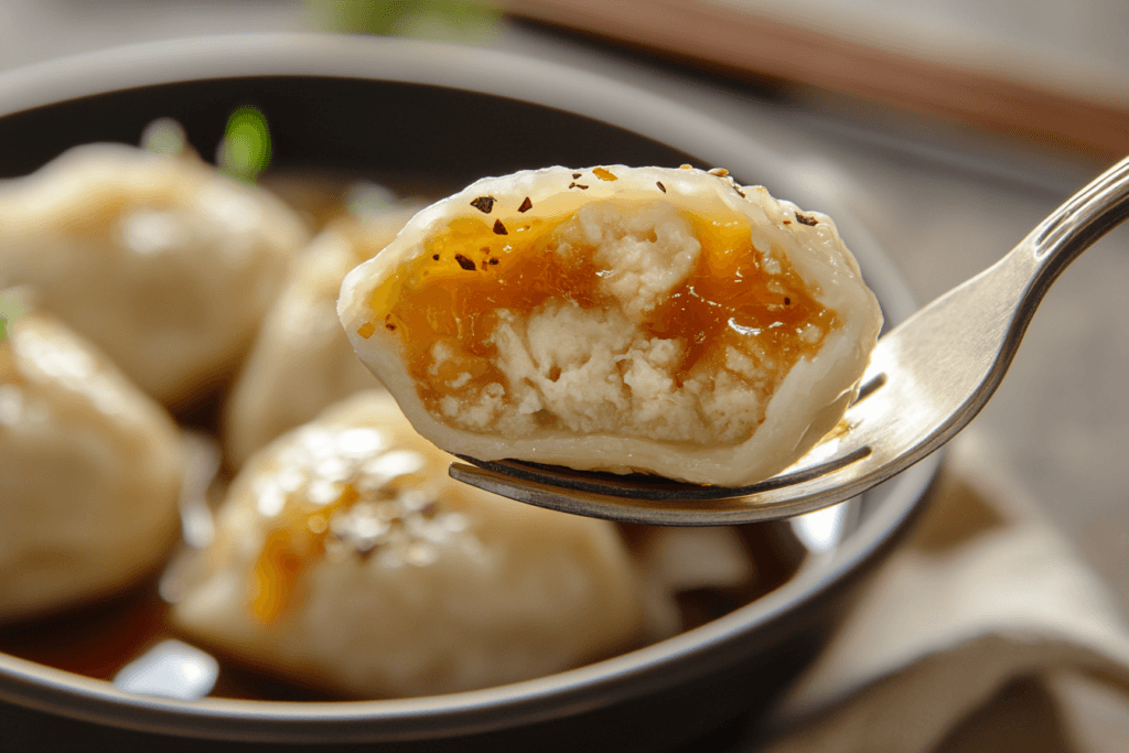 Halved vegan soup dumpling showing soup jelly and plant-based filling.