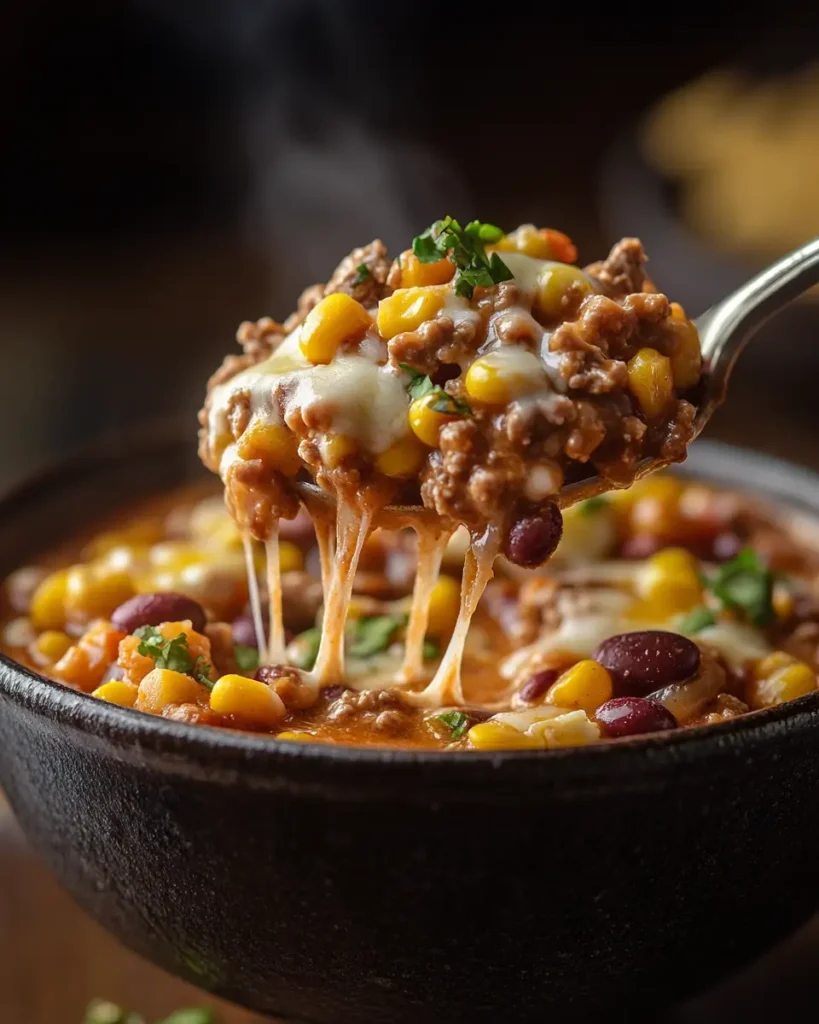 A close-up of a spoonful of taco soup frios with ground beef, beans, corn, and melted cheese lifted from a bowl.