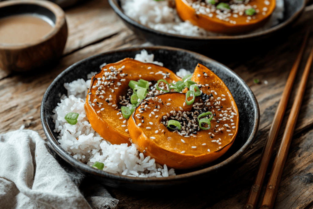 Roasted kabocha squash with miso soy glaze, sesame seeds, and green onions, served with steamed rice.