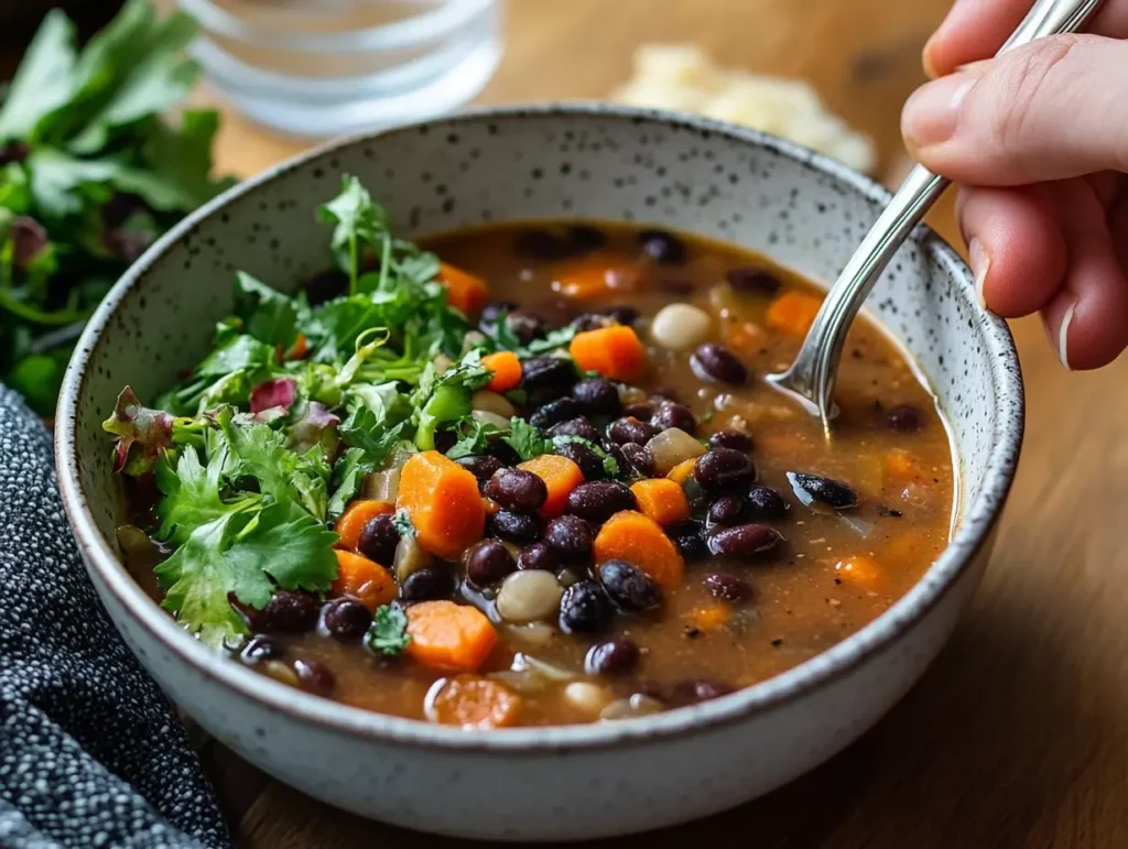 A nourishing bowl of bean soup with black beans, carrots, and broth, partially eaten with a spoon hovering above it.