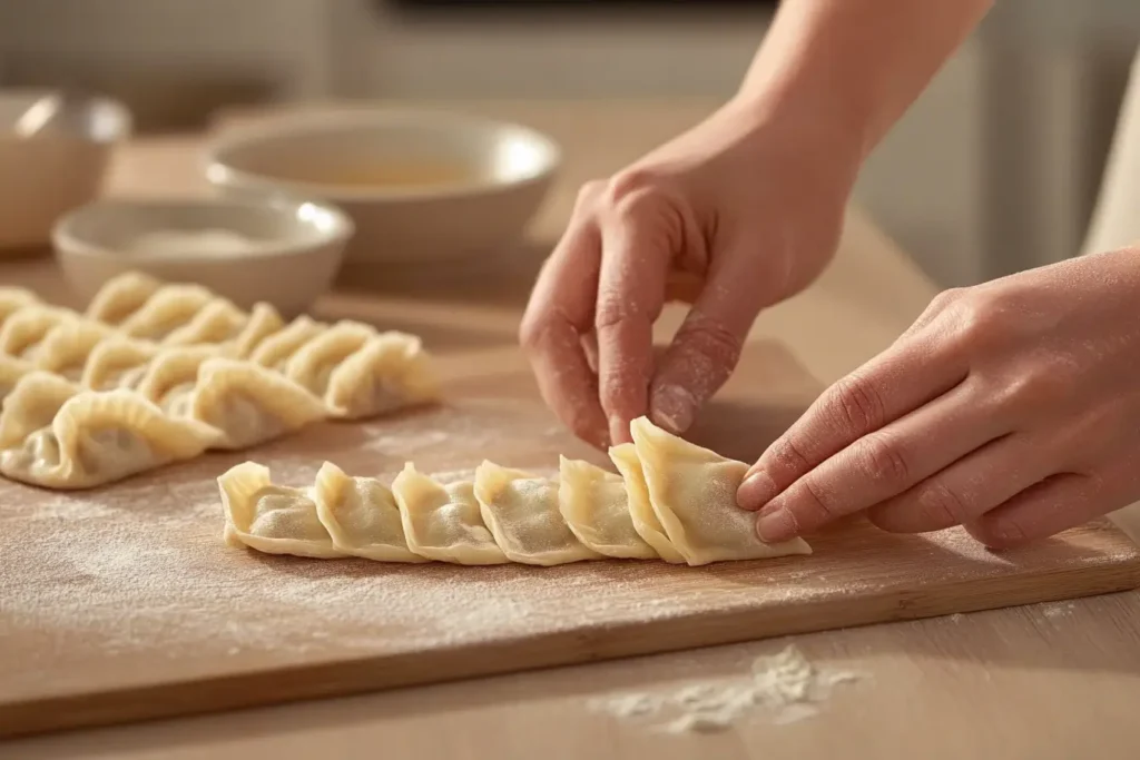 Close-up of hands folding a vegan dumpling with visible vegetable filling, wrappers, and sealing bowl nearby.