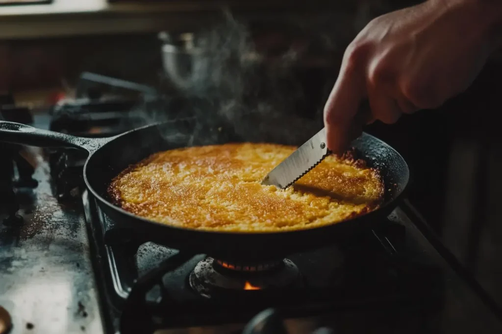 A golden cornbread in a cast iron skillet, highlighting the crispy crust and fluffy interior of traditional Southern cooking.