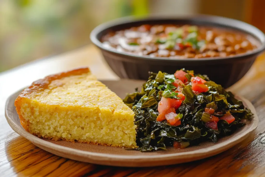 Slice of Southern-style cornbread served with collard greens and chili.