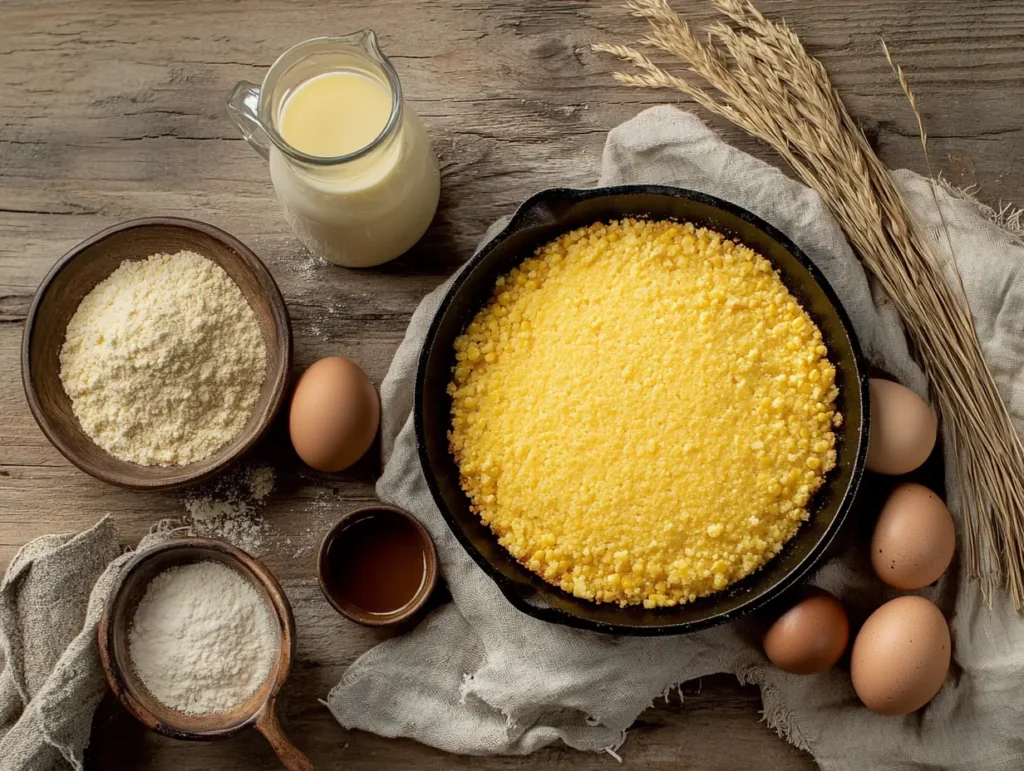 What is the difference between cornbread and Southern cornbread?
Flat-lay of Southern cornbread ingredients: white cornmeal, buttermilk, bacon grease, eggs, and a cast iron skillet.