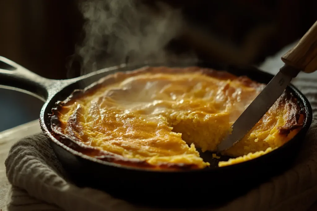 Freshly baked Southern cornbread in a cast iron skillet with golden edges and a wedge sliced, styled on an oven mitt.