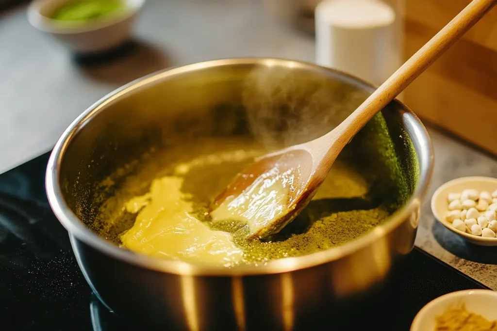 Golden brown butter being stirred in a saucepan, with matcha powder and white chocolate on the counter nearby.