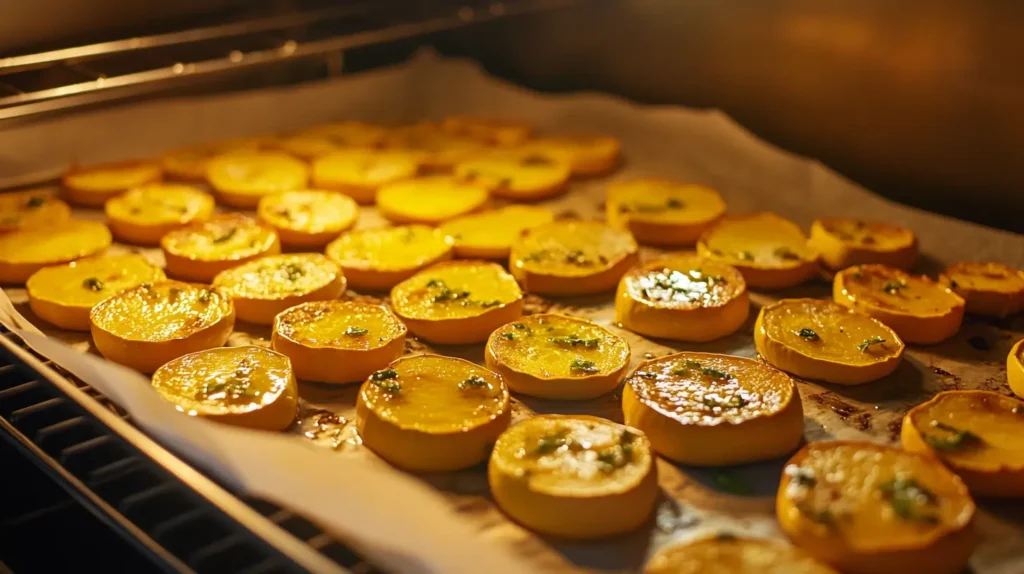 Tray of miso-glazed kabocha squash slices being placed into an oven for roasting.