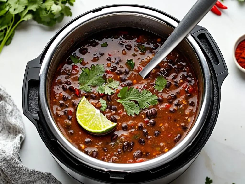 Instant Pot filled with cooked black bean soup garnished with lime and cilantro, with a ladle resting nearby.