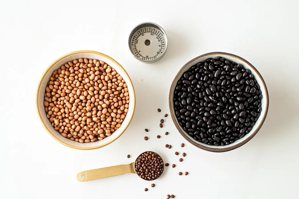 Soaked black beans in one bowl and unsoaked black beans in another, side by side for comparison.