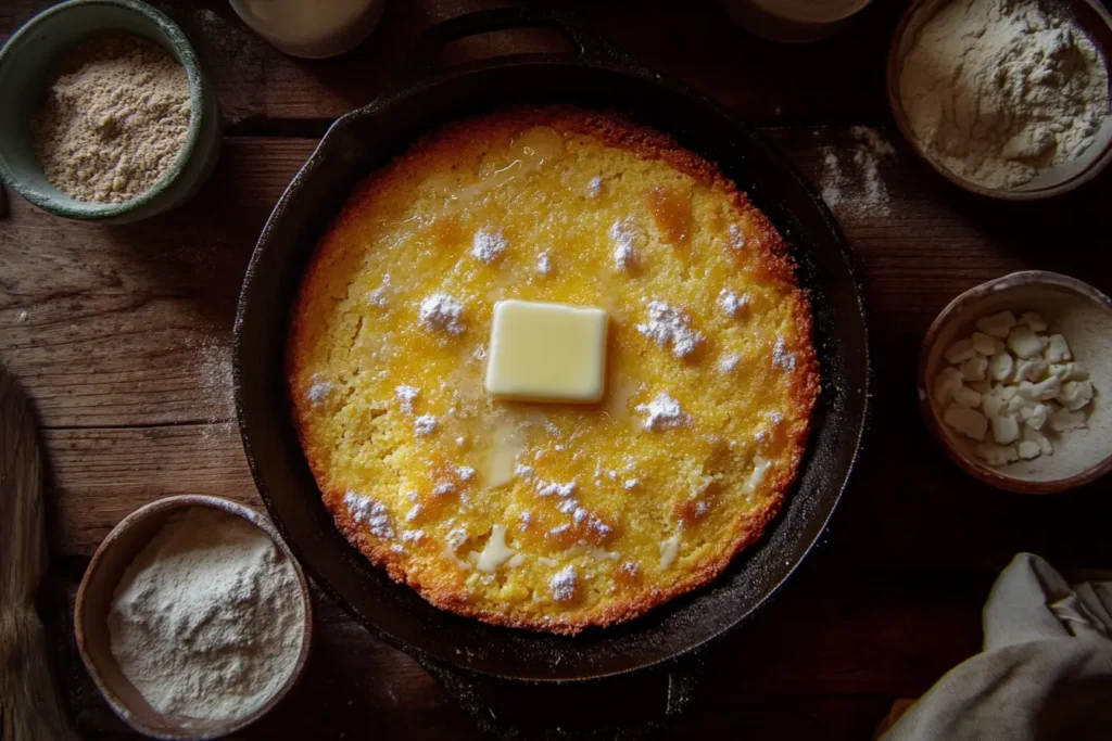 Golden Southern-style unsweetened cornbread in a cast-iron skillet with butter melting on top.