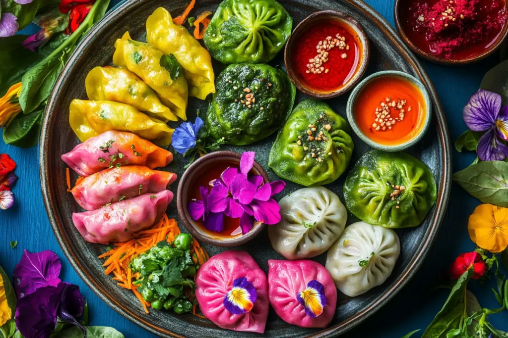 Fusion-style vegan dumplings with colorful wrappers served with dipping sauces.