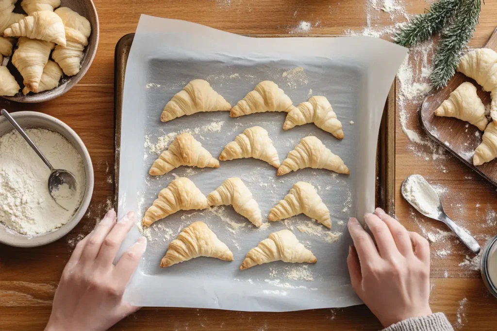 Shaping croissants on a parchment-lined tray with hands rolling dough triangles into crescents. What is the secret to a good croissant?