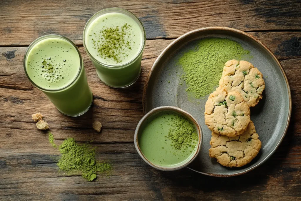 Cold-brew matcha, matcha latte, and matcha cookies arranged on a rustic table with vibrant green matcha powder scattered.