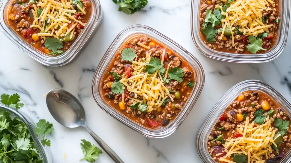 Meal prep containers filled with taco soup frios garnished with cheese and cilantro, arranged neatly on a marble countertop.